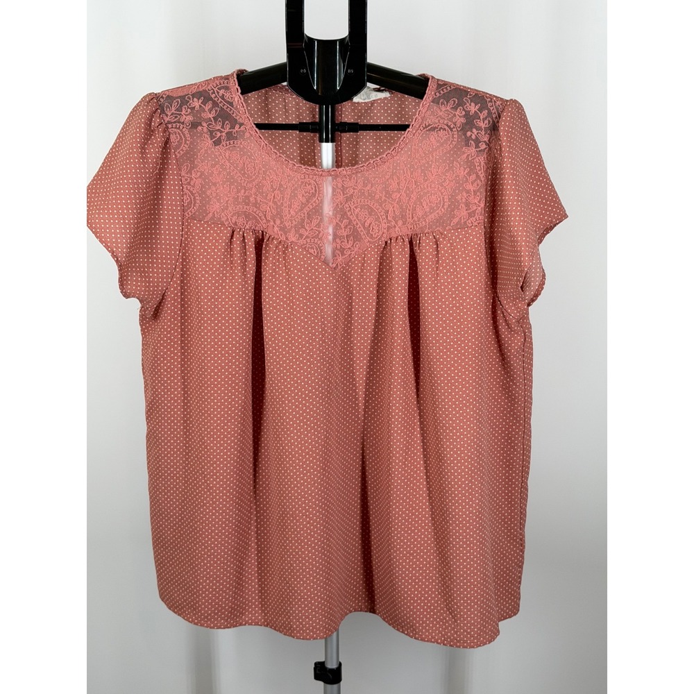 Perch by Blu Pepper Pink Polka Dot Lace Yoke Babydoll Blouse Top 2XL